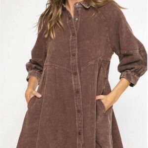 entro Chocolate Brown Button-Front Long Sleeve Shirt Dress